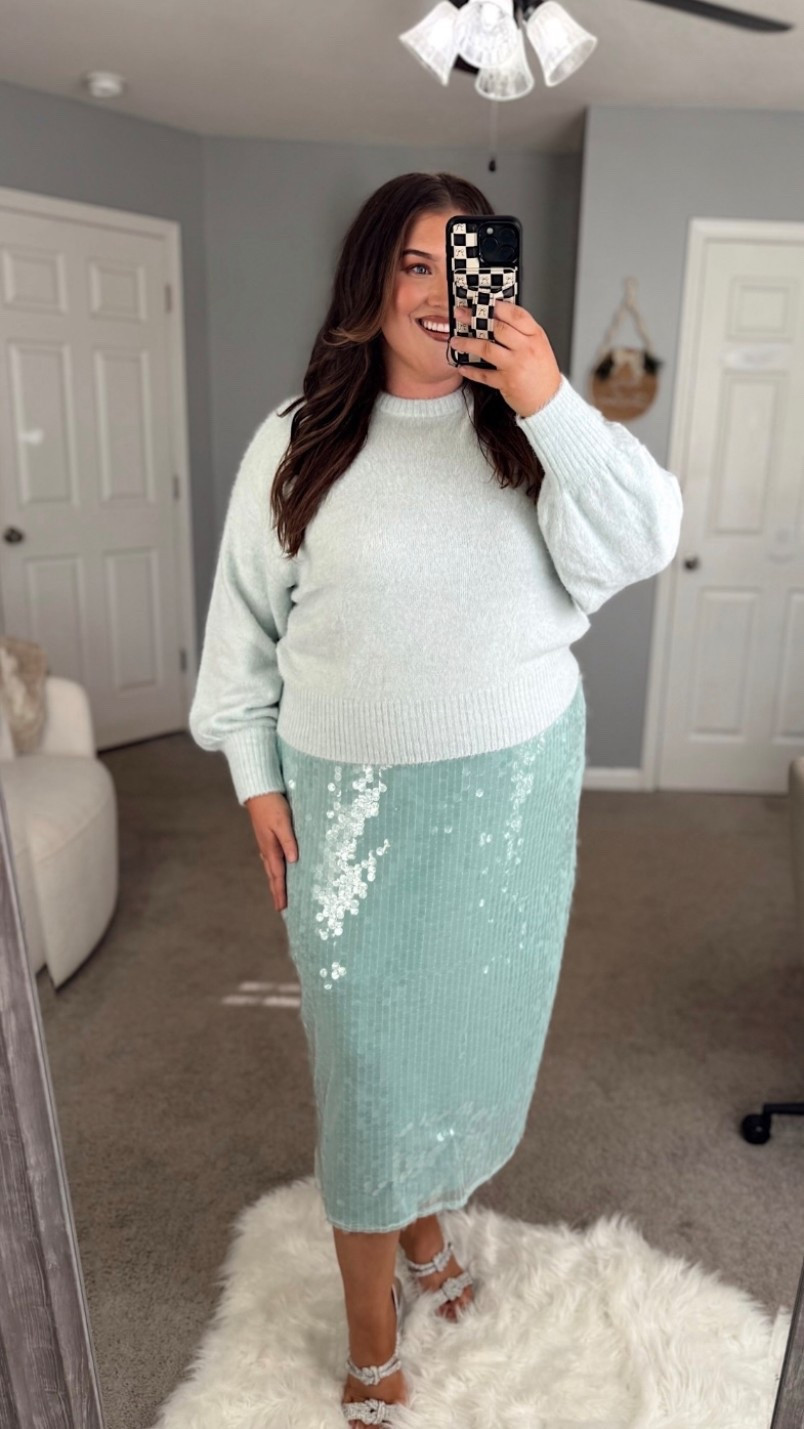 Stop what you’re doing and RUN to Old Navy 🏃‍♀️. This holiday outfit is absolutely gorgeous and over 50% off right now. I love the color of the sequin paired with this top and gorgeous sandals. This is such a pretty holiday outfit. 
Holiday party outfit inspo m, sequin skirt for curvy girls  

#LTKPlusSize #LTKHoliday #LTKSaleAlert