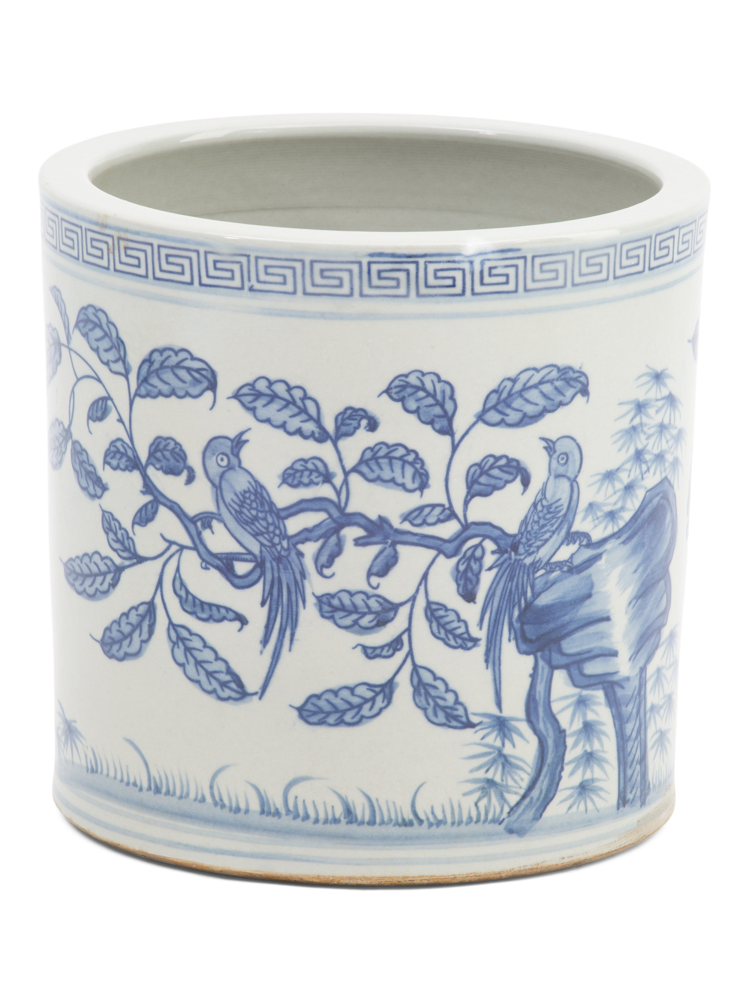 Porcelain Flower And Bird Greek Key Cachepot | Marshalls