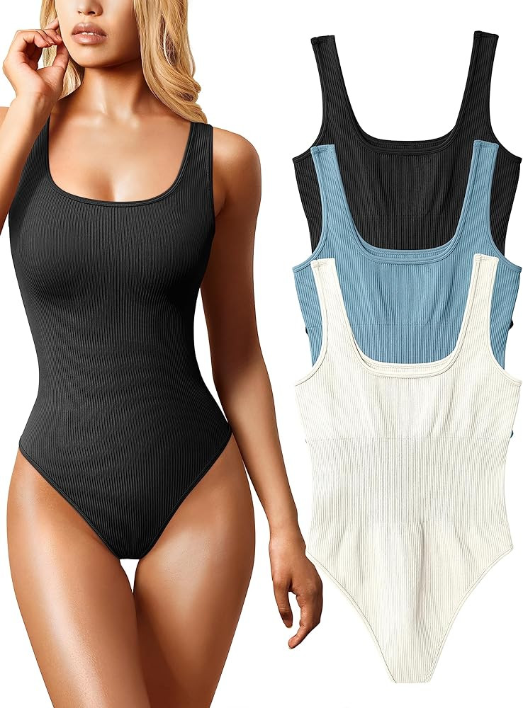 OQQ Women's 3 Piece Bodysuits Sexy Ribbed Sleeveless Square Neck Sleeveless Tank Tops Bodysuits | Amazon (US)