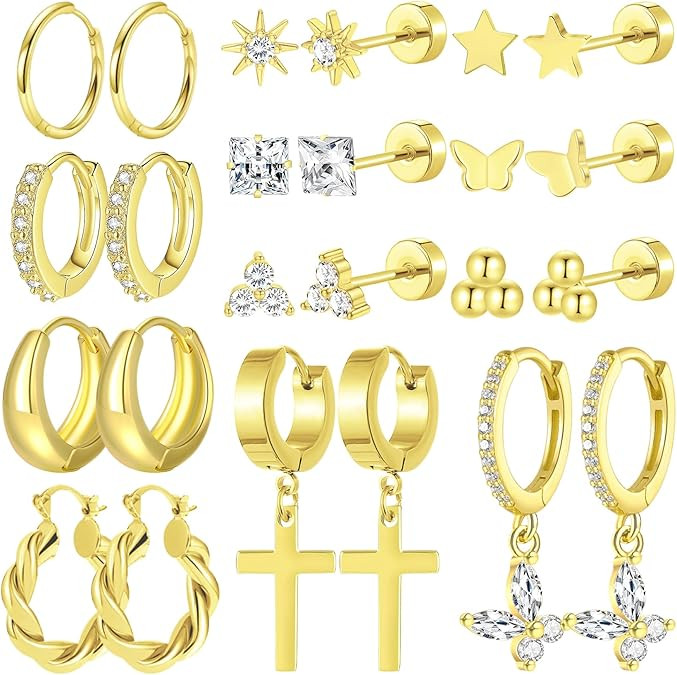 12 Pairs 14K Gold Plated Earrings Set Multiple Styles with CZ Diamond Star Triangle Sun Ball Stud... | Amazon (US)