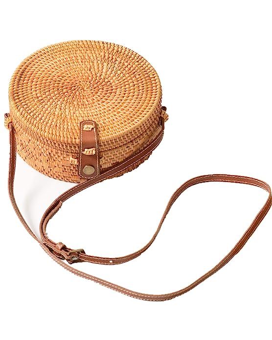 Via Moi Round Rattan Wicker Straw Woven Shoulder Bag Genuine Leather Strap Purse Women Buckle Clo... | Amazon (US)