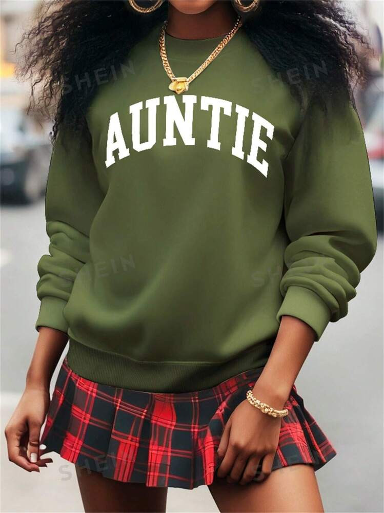 SHEIN LUNE Auntie Print Letter Solid Color Women's Casual Crew Neck Sweatshirt, Fall/Winter | SHEIN