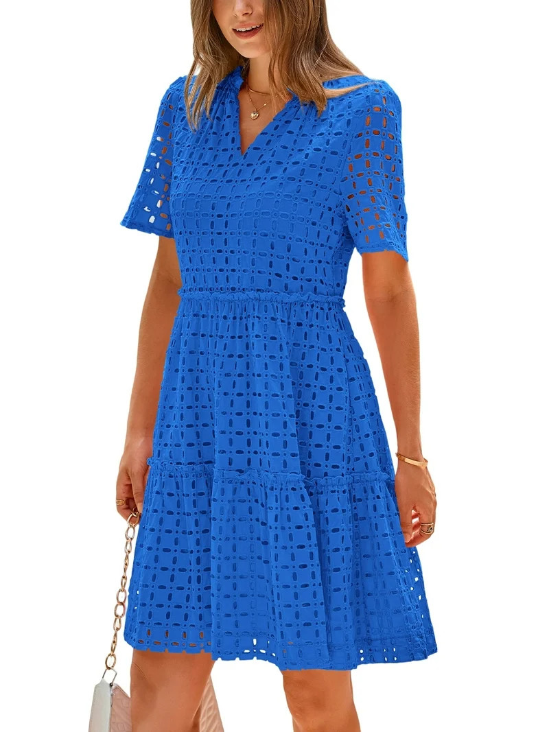 PRETTYGARDEN Women's Short Sleeve Mini Dress Summer V Neck Hollow Out Eyelet Ruffle A Line Swing ... | Walmart (US)
