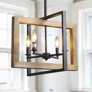 4-Light Black Modern Farmhouse Geometric Caged Wood Candelabra Chandelier LED Compatible Pendant ... | The Home Depot