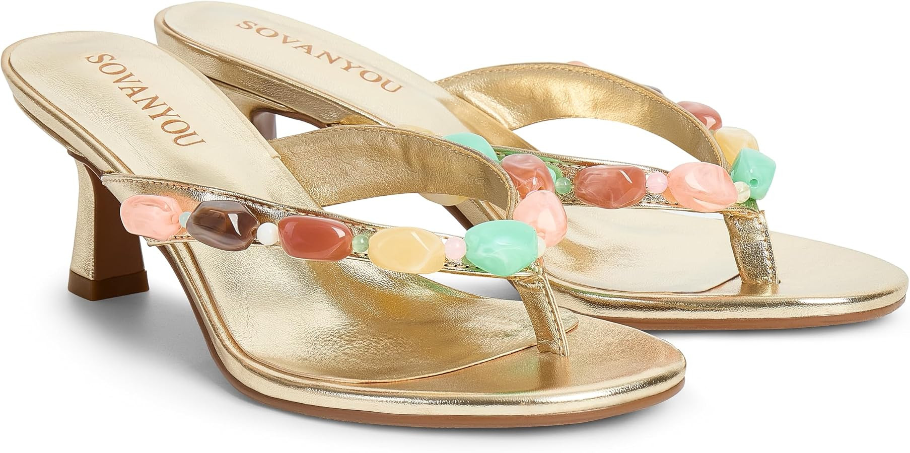 SOVANYOU Womens Jeweled Kitten Heels Beaded Flip Flop Sandals Slip On Stone Thong Heels Summer Pa... | Amazon (US)