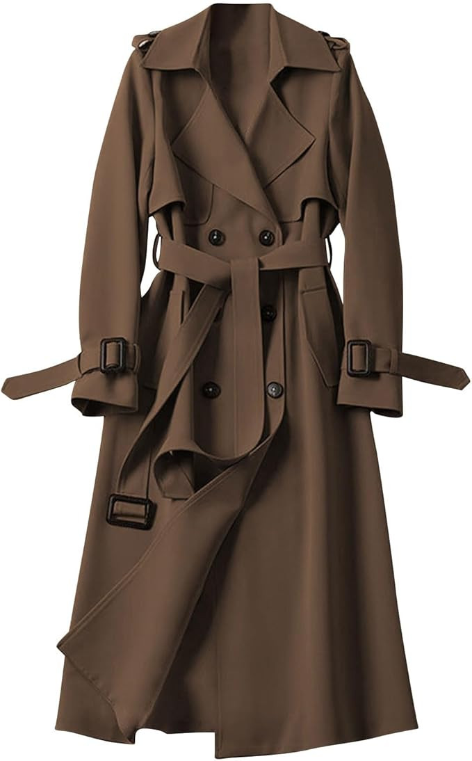 Oplxuo Women's Long Trench Coat Double Breasted Trenchcoat Notched Lapel Long Sleeve Jackets Clas... | Amazon (US)