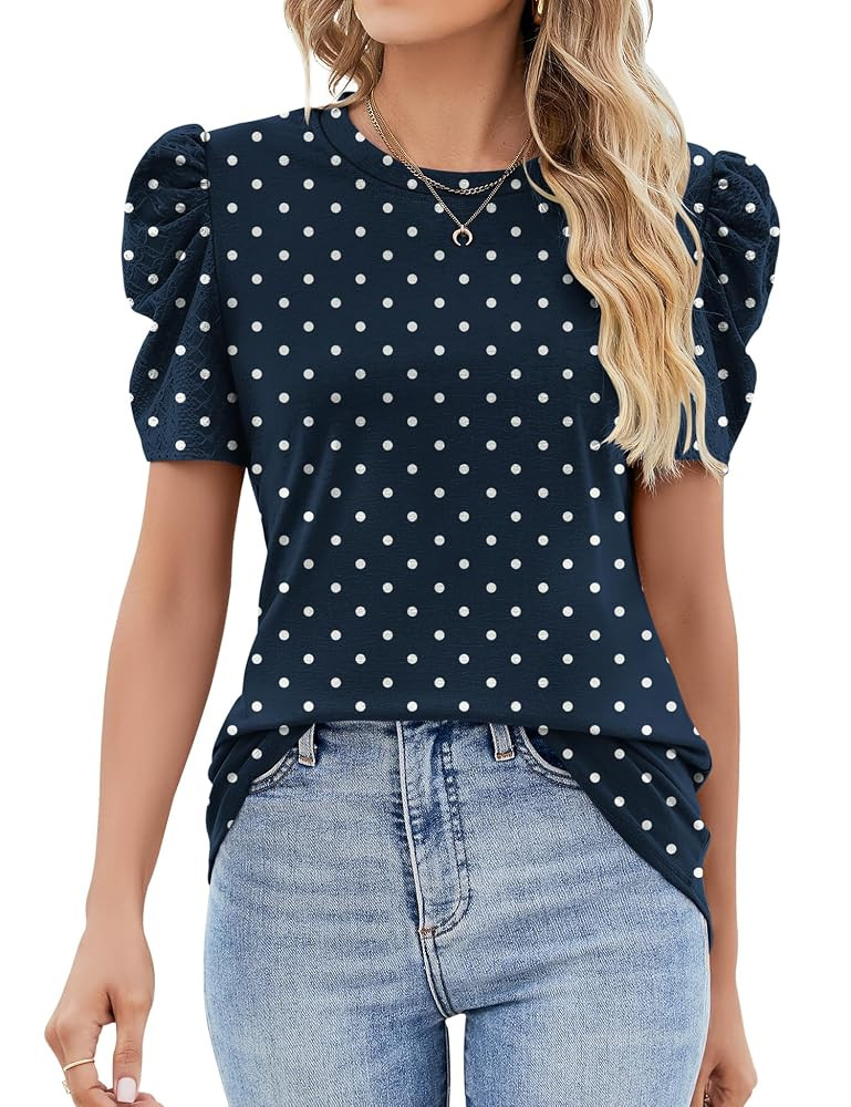 Ivicoer Puff Short Sleeve Shirt for Women Eyelet Tops Summer Crewneck Blouse Loose Fit S-XXL | Amazon (US)