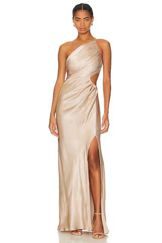 Shona Joy La Lune Asymmetrical Gathered Maxi Dress in Gold from Revolve.com | Revolve Clothing (Global)
