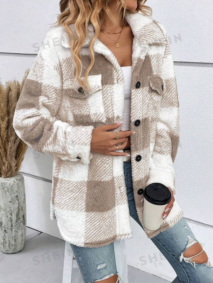 SHEIN LUNE Buffalo Plaid Pattern Drop Shoulder Flap Pocket Teddy Coat | SHEIN