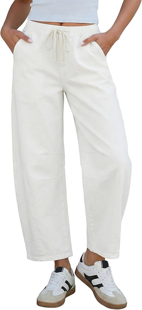 GRAPENT Barrel Jeans for Women Trendy High Waisted Cropped Baggy Wide Leg Pull On Elastic Waist S... | Amazon (US)
