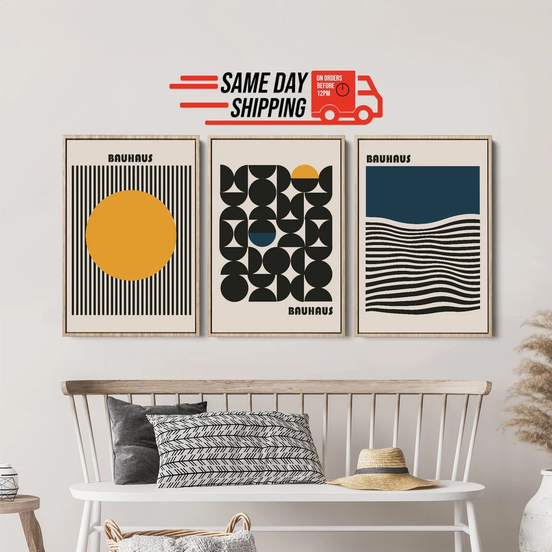 Framed Canvas Wall Art Set of 3 Bauhaus Print Bauhaus Wall Art Mid Century Modern Wall Art Boho W... | Etsy (US)
