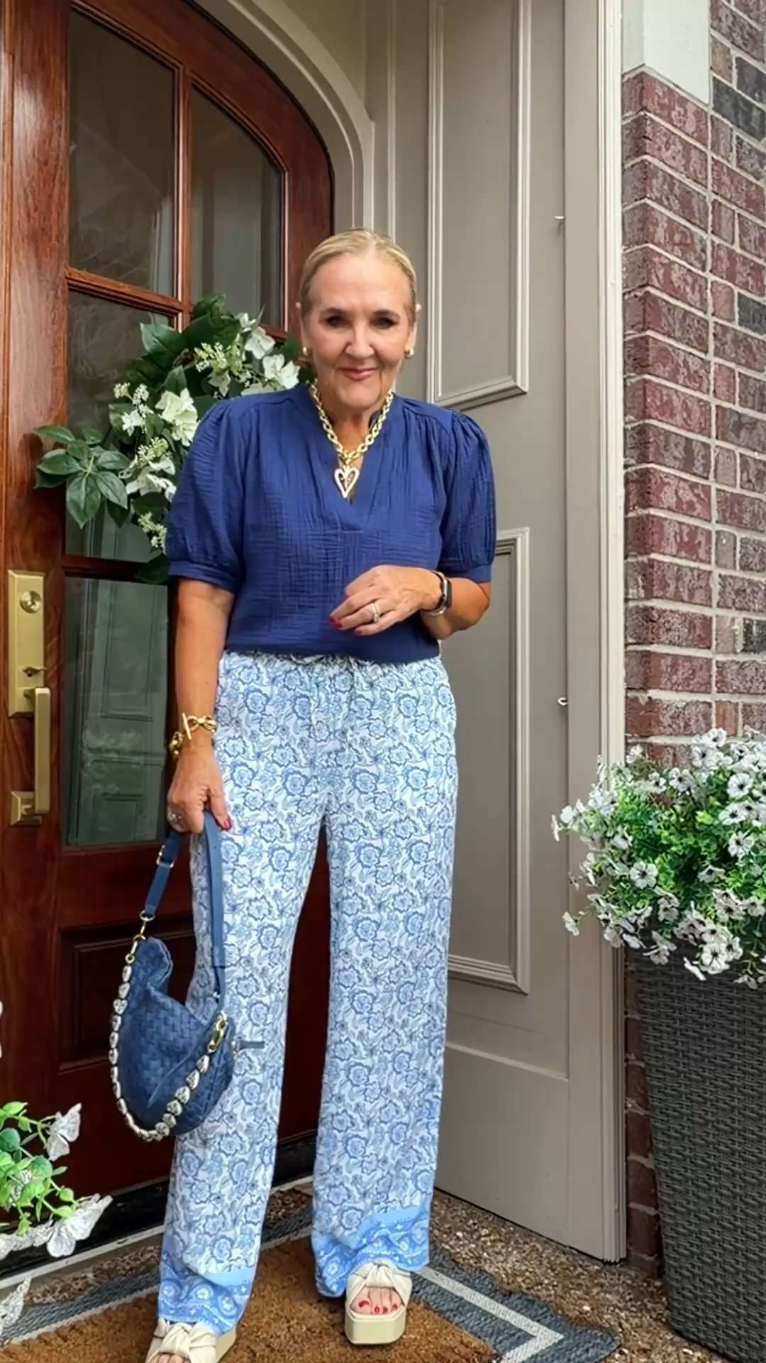 These floral wide-leg pants are the definition of easy summer style. The navy gauze top is the perfect complement to the beautiful blue floral print. 🫶🏻

✨ 40% OFF Talbots Sale 

 #LTKootd #LTKOver40 #LTKSaleAlert