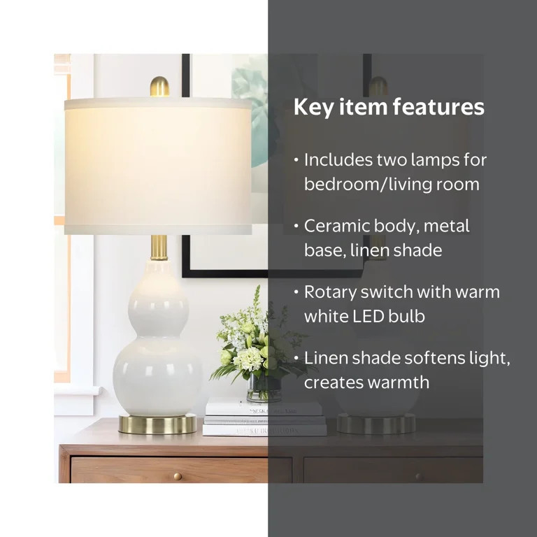 Cinkeda Double Gourd Ceramic Table Lamps Set of 2 for Bedroom Living Room 22" Modern White Gold N... | Walmart (US)