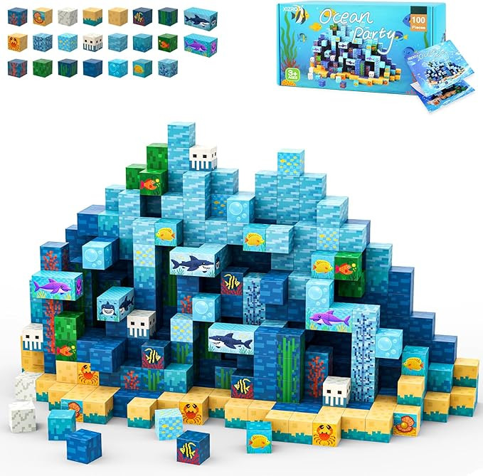 100 PCS Magnetic Blocks for Kids Ages 3 4 5 6 7 8 9 10, STEM Sensory Ocean Magnetic Toys, Christm... | Amazon (US)