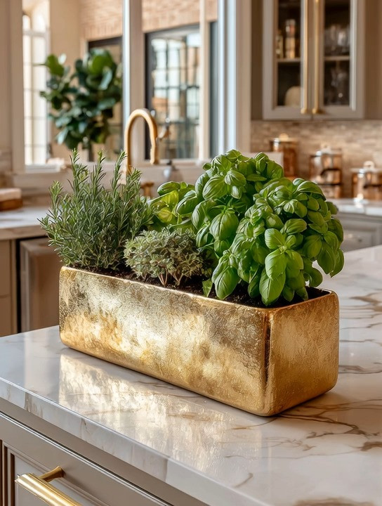 Your fresh kitchen herbs deserve an elegant home. This rectangular gold planter is the perfect way to display basil, rosemary, thyme, mint, or any indoor herb garden directly on your kitchen counter or island. Functional and beautiful at the same time, it turns everyday cooking essentials into a styled design feature.

A gold metal planter instantly elevates a marble countertop, waterfall kitchen island, or window ledge. It pairs beautifully with brushed gold faucets, brass cabinet hardware, and warm neutral cabinetry, creating a cohesive modern luxury kitchen look. The rectangular shape keeps everything clean and organized while allowing you to move it easily wherever sunlight is best.

Whether placed by the sink, near a kitchen window, or centered on your island, an indoor herb planter adds life, greenery, and softness to structured kitchen lines. The contrast between fresh green herbs and warm gold tones creates that designer Tuscany-inspired kitchen feel — natural, inviting, and refined.

This is how you blend practicality with elegance: fresh herbs within reach, styled in a way that enhances your kitchen decor instead of cluttering it.

#GoldPlanter
#IndoorHerbGarden
#KitchenIslandDecor
#LuxuryKitchenStyle 

 #LTKHome