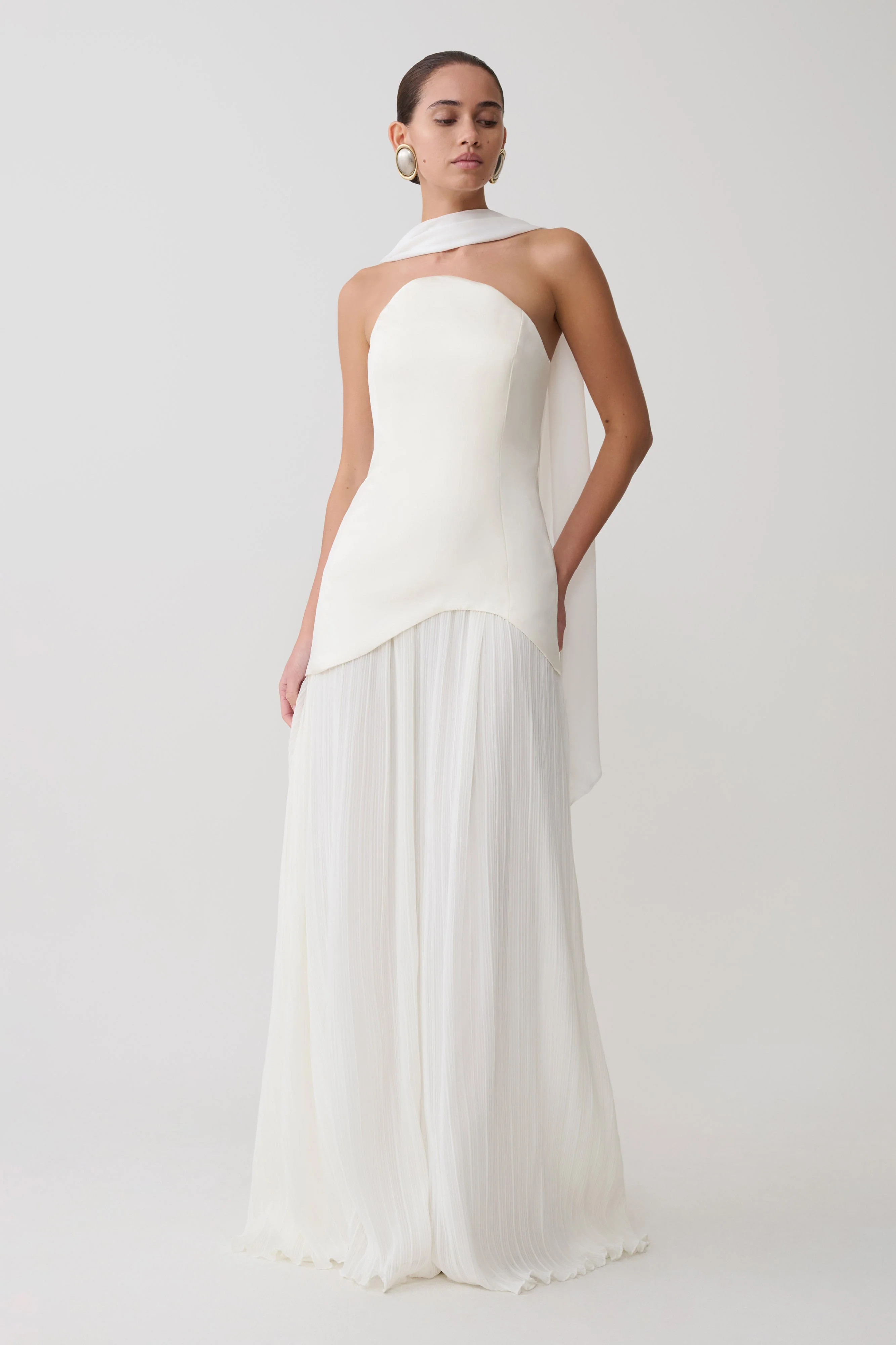 Juno Strapless Pleated Maxi Gown - White | Meshki UK