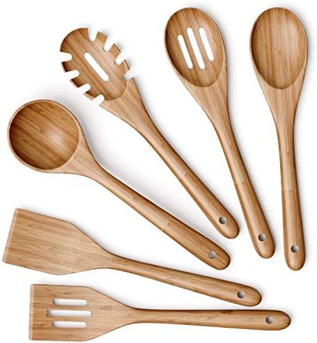 Wooden Kitchen Utensils Set - 6 Piece Non-Stick Bamboo Wooden Utensils for Cooking - Easy to Clea... | Amazon (US)