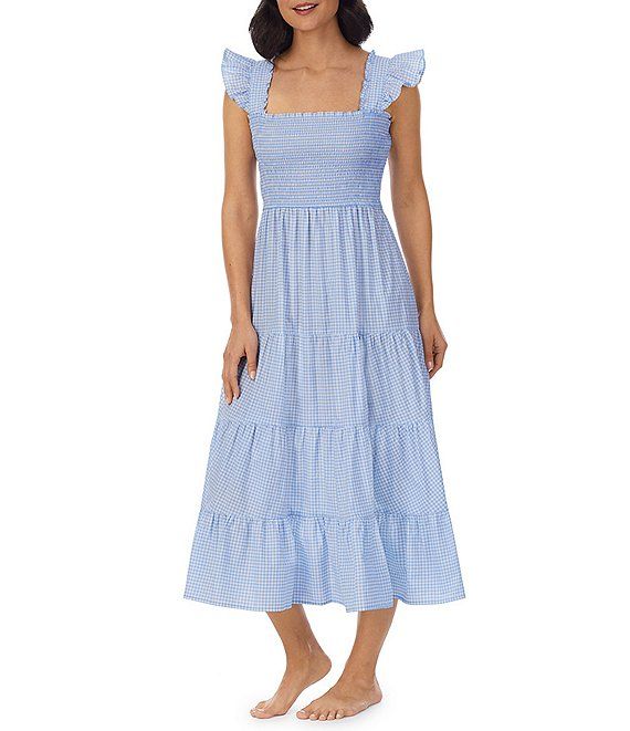 Check Gingham Print Ruffle Shoulder Sleeveless Square Neck Smocked Cotton Sleep Dress | Dillard's
