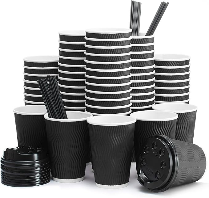 Insulated Disposable Coffee Cups with Lids & Straws 12 oz, 100 Packs - Paper Cups for Hot Beverag... | Amazon (US)