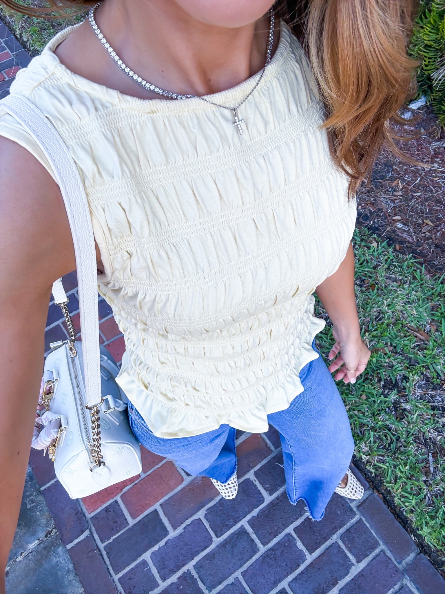 Target ruffled tank in XS. Butter yellow tank. Mother denim PETITES The Lil Roller Fray in size 24. Woven ballet flats are TTS. Spring outfits. Summer outfit. Elevated casual. 

#LTKootd #LTKgrwm #LTKPetite