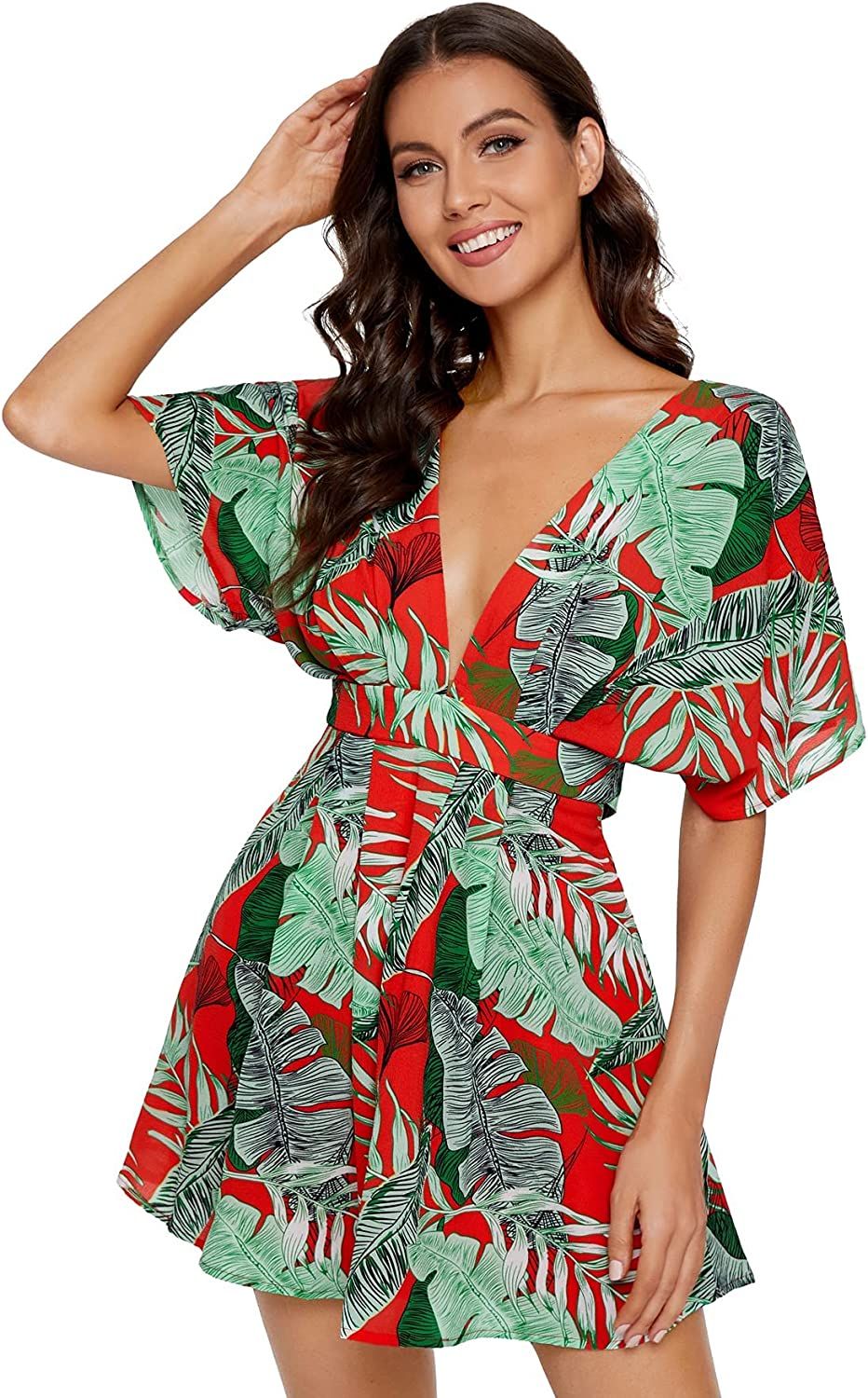 Floerns Women's Tropical Floral Plunging V Neck Tie Open Back Summer Short Dress | Amazon (US)