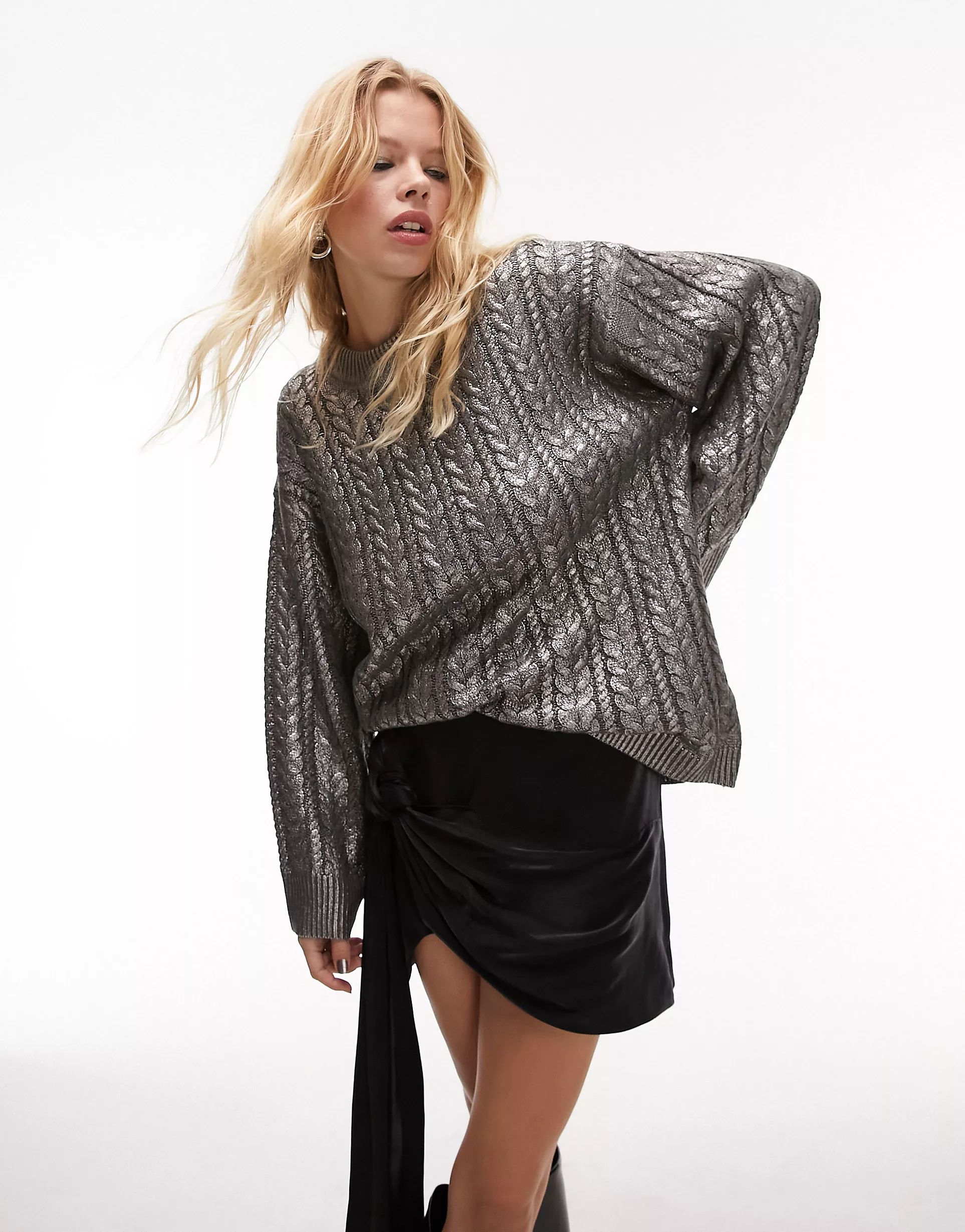 Topshop premium knitted metallic printed cable sweater in silver | ASOS (Global)