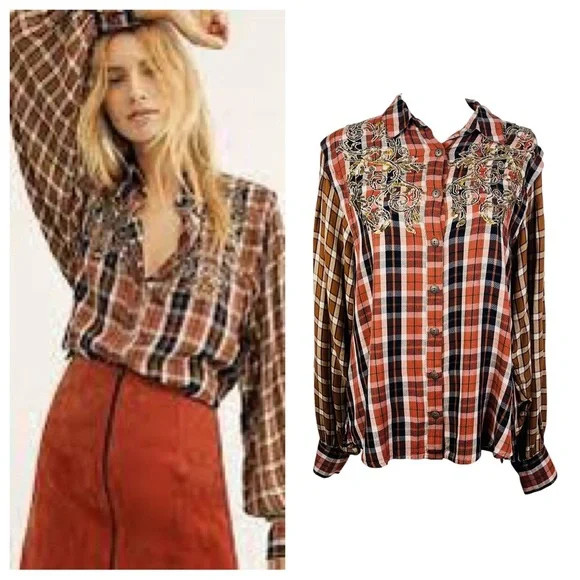 Free People Snowtop Mountain Plaid Button Down Top With Sequin Embellishments | Poshmark