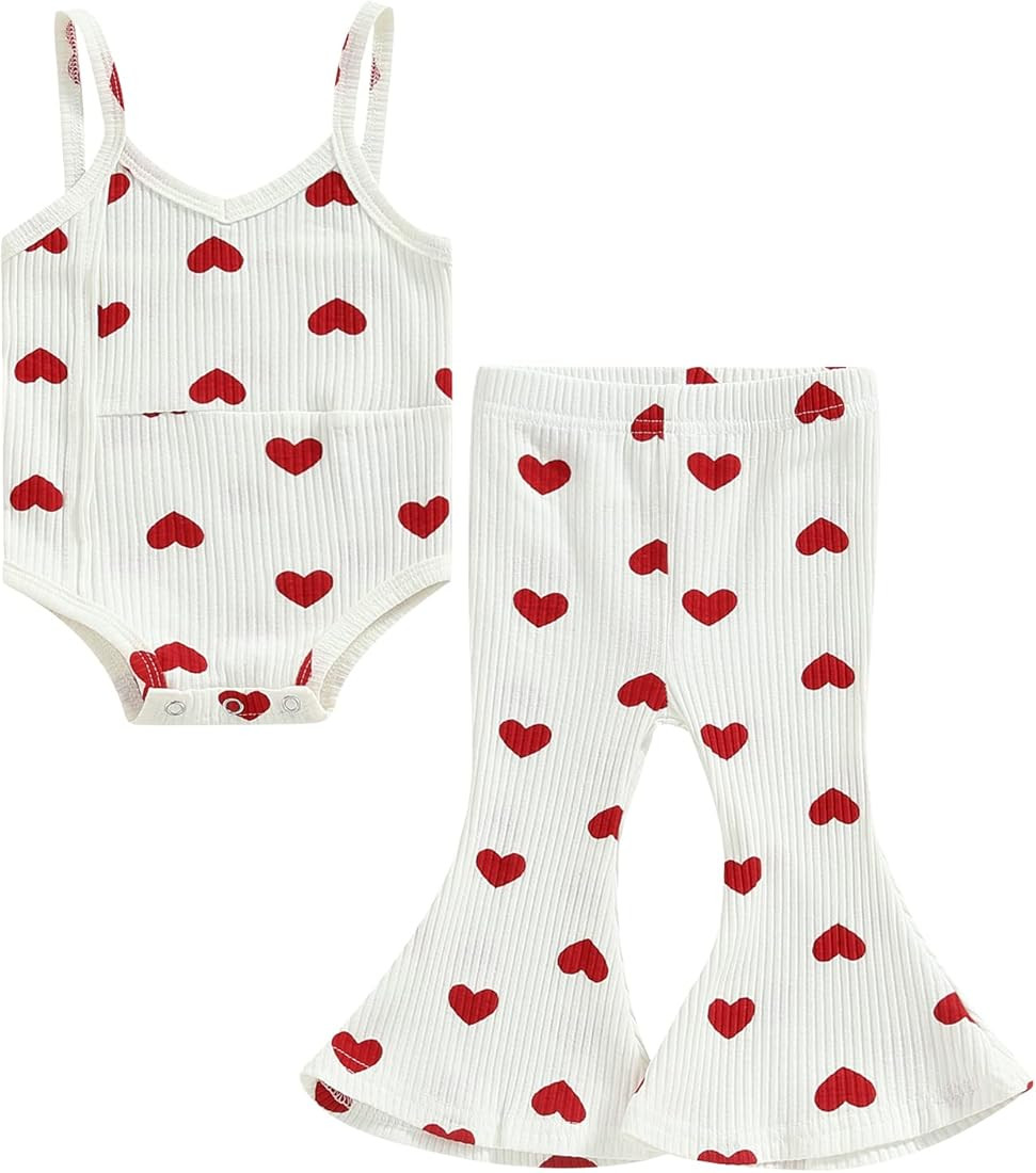 Lamuusaa Newborn Baby Girl Valentines Day Outfit Sleeveless Love Romper Onesie Ribbed Flared Pant... | Amazon (US)