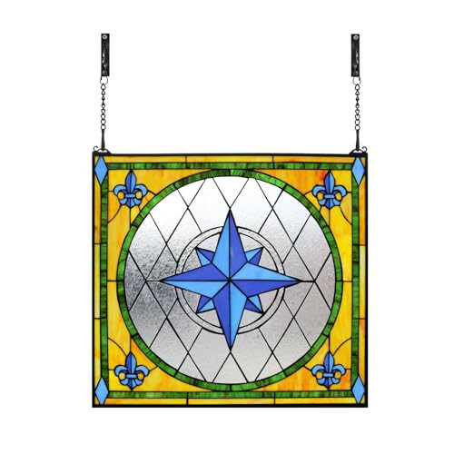 YonLouky 28"×26" Blue Flower Stained Glass Window Hanging,100% Real Stained Glass Panel for Home Decor（YLK007） | Amazon (US)