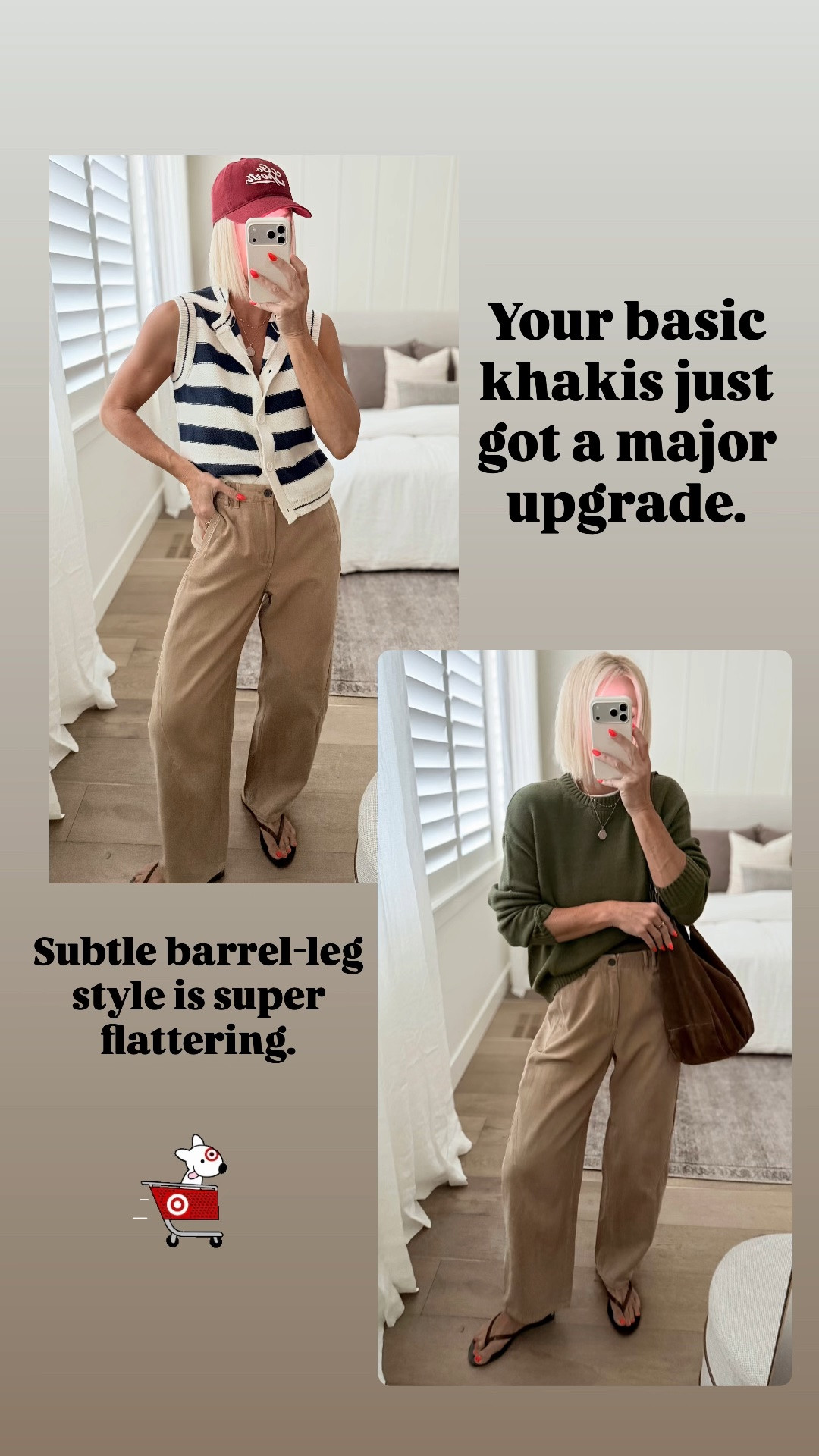 New barrel leg pants in khaki, olive green, muted burgundy and vintage black. Sizing reviews are mixed — I think they look better a little loose than a little too tight. Wearing my true size 4. Wide striped sweater vest & green v stitch sweater fits tts. Wearing a medium.

#LTKmomlife #LTKOver40 #LTKootd