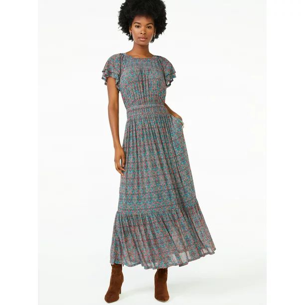 Scoop Women's Flutter Sleeve Midi Dress with Elastic Waist | Walmart (US)