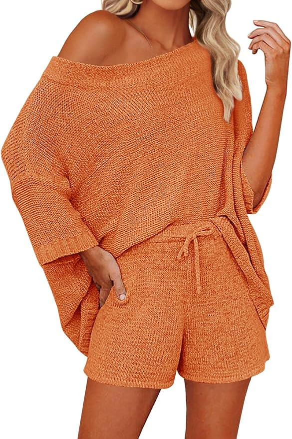 Mafulus Women's 2 Piece Outfits Sweater Sets Off Shoulder Knit Top Shorts Matching Suits Cute Paj... | Amazon (US)