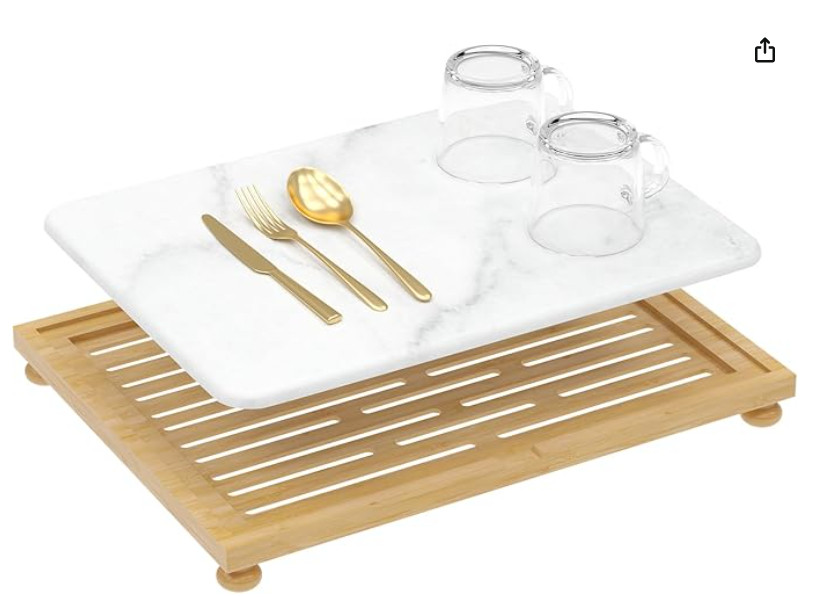 Golener Stone Drying Mat for Kitchen Counter, Dish Drying Pad with Bamboo Rack, Super Absorbent Diatomaceous Earth and Drying Rack, Multi-purpose Quick Drying Mat Rack for Kitchen,16”x12”,Marble White 

 #LTKHome