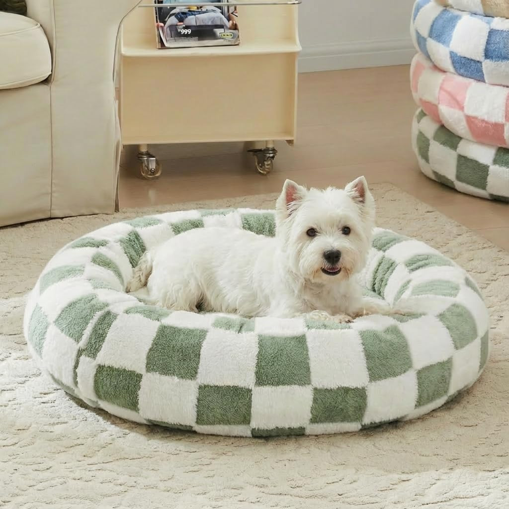 Checkered Dog Bed, Cute Sage Green Retro Style Aesthetic Round Warming Pet Calming Beds for Small... | Amazon (US)