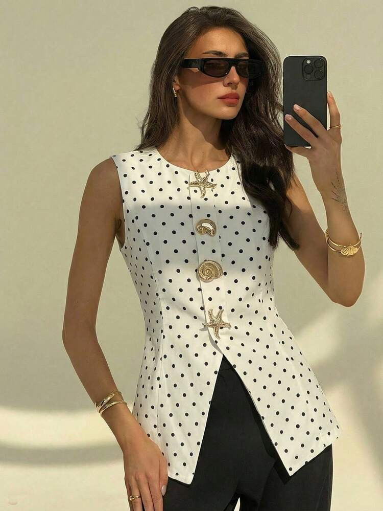 Aloruh Women's Casual Commuter Polka Dot Print Front Button Vest, Summer | SHEIN