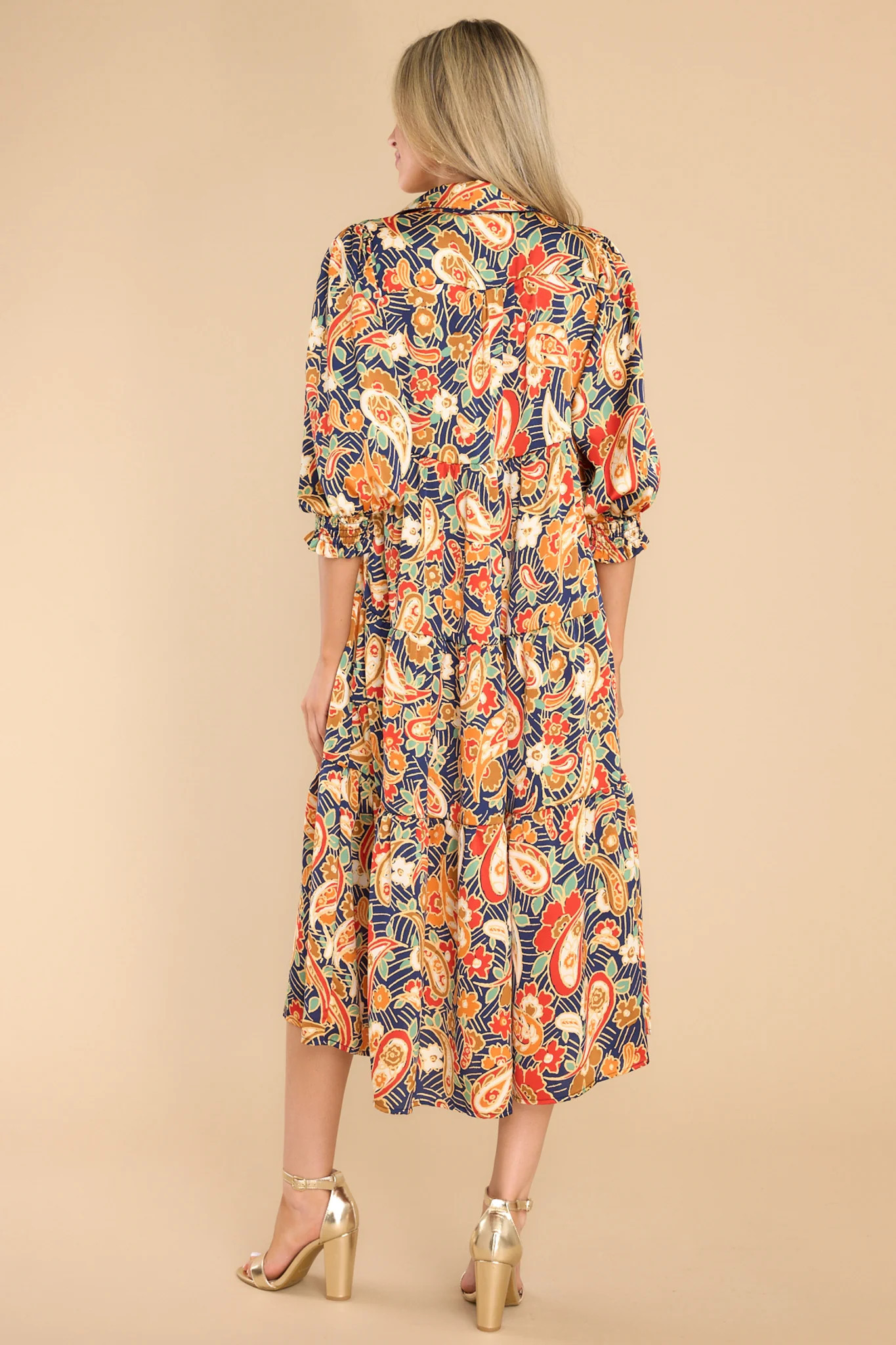 In Awe Navy Multi Print Midi Dress | Red Dress 