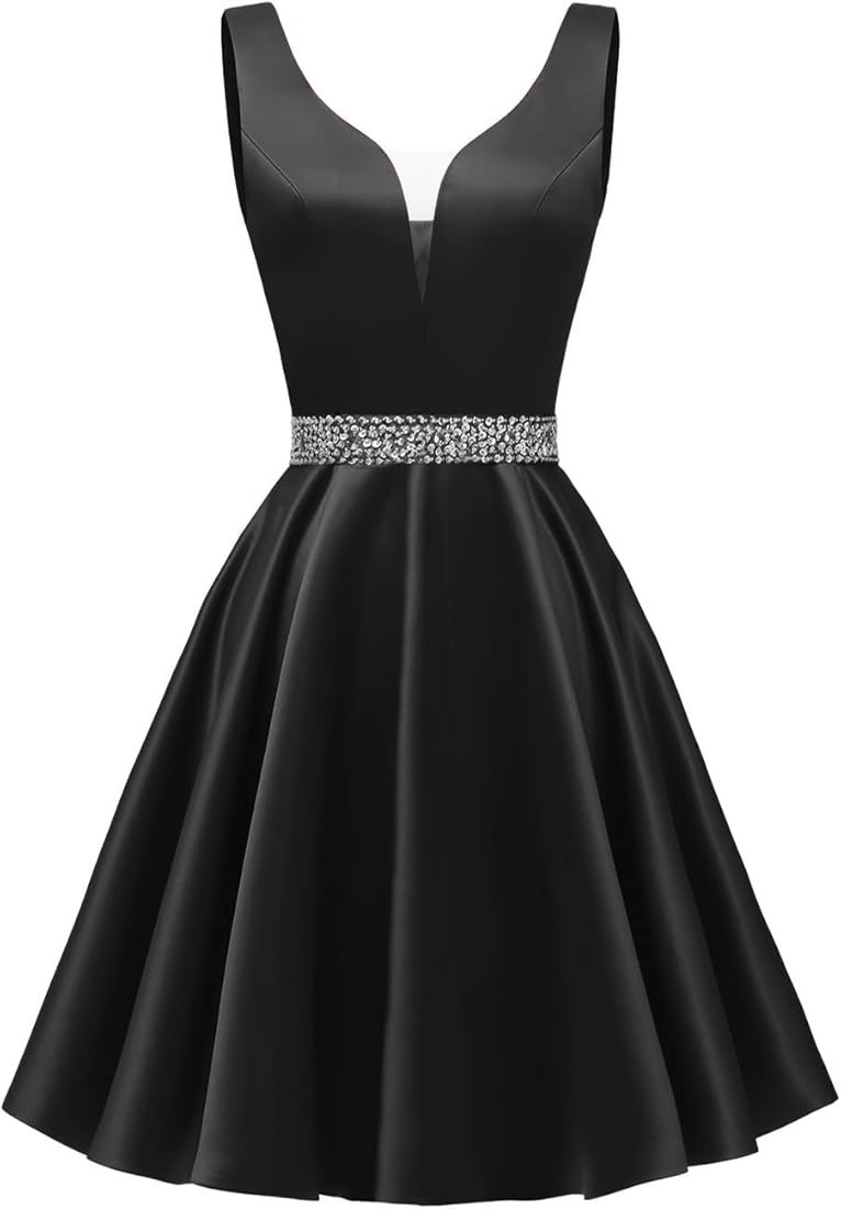 Satin Glitter Homecoming Dresses for Teens Short Prom Dress V-Neck Beaded Evening Formal Cocktail... | Amazon (US)