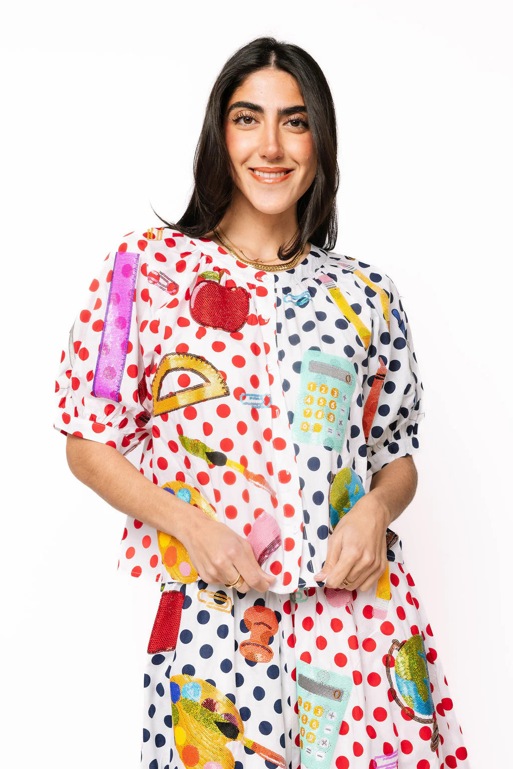 Colorblock Polka Dot Teacher Icon Button Up Top | Queen of Sparkles