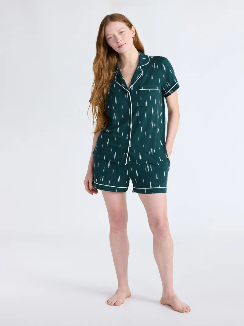 Joyspun Women’s Dreamy Soft Collection Notch Collar Knit Top and Boxer Shorts Pajama Set, Sizes... | Walmart (US)