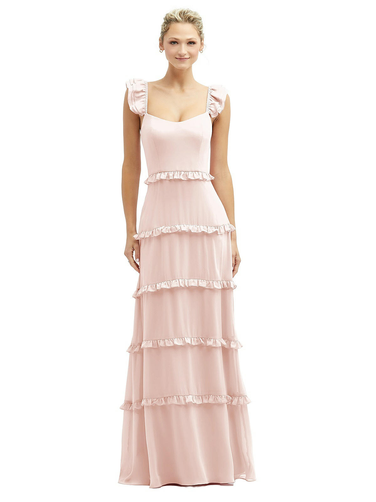 Tiered Chiffon Maxi A-line Dress with Convertible Ruffle Straps in Blush | The Dessy Group