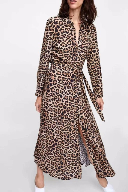 Trendy Leopard Print Shirt Long Dress French Realisation Style Retro Belt Par | eBay | eBay US
