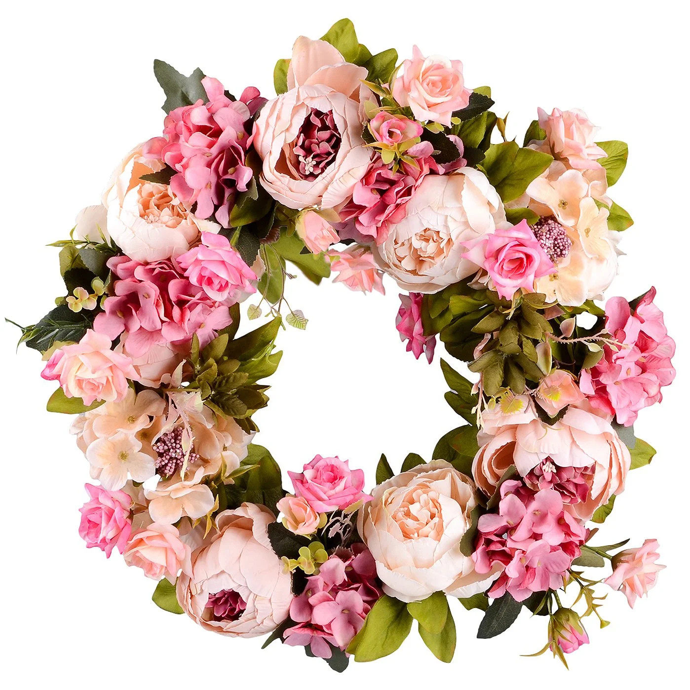 Coolmade Artificial Peony Flower Wreath - 15" Pink Flower Door Wreath with Green Leaves Spring Wr... | Walmart (US)