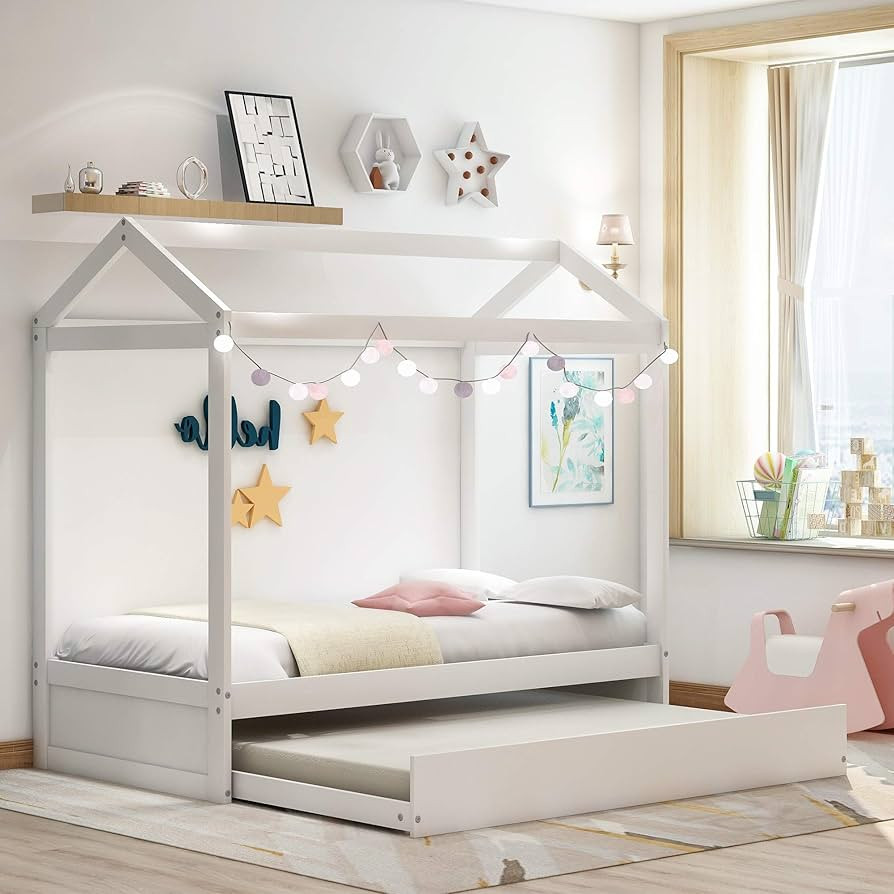 Merax Twin Size Wood House Bed with Roof and Trundle for Teens, Wooden Bed Frame Design，No Spri... | Amazon (US)
