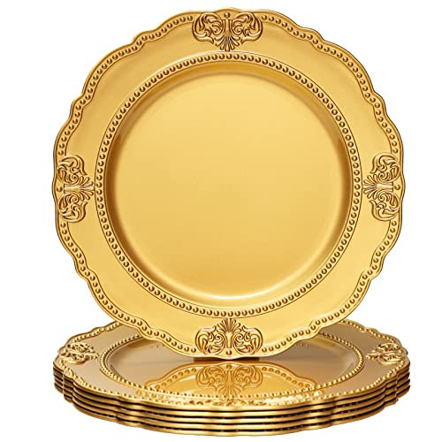 Spsyrine Gold Charger Plates, Set of 6 Scalloped Chargers for Dinner Plates, 13" Embossed Plastic Chargers for Wedding, Banquets, Party | Amazon (US)