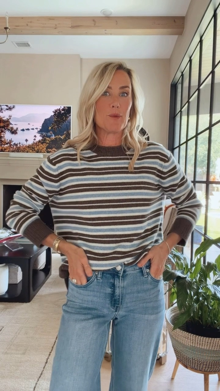 Quince cashmere is a no-brainer! Love this striped sweater. 
Sweater: xs
Jeans: 25