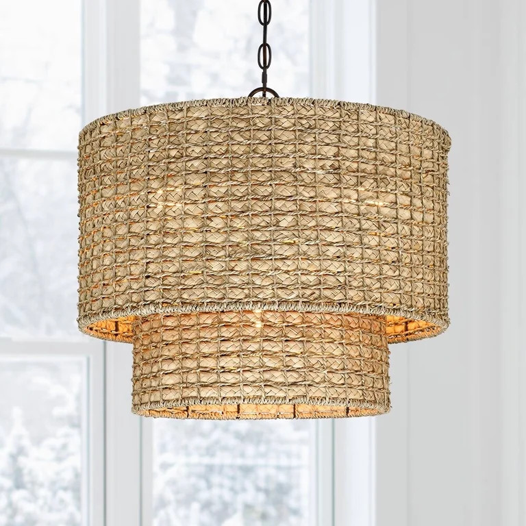 TRUE FINE 4-Light Natural Rattan Traditional Drum Pendant Light Black Canopy - Black/earthy - 20 ... | Walmart (US)