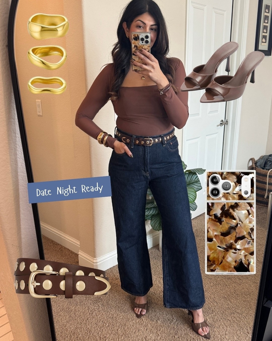 Date night look - can’t believe this look is from Amazon! Went out with the hubby and got so many compliments on this combo. 
-Sheet bodysuit runs tts and helps slim the body. 
-studded belt 
- gold bangles 
- dark denim jeans run tts 
- brown heels 

#datenight #girlsnightout #amazonfind #valentines#LTKFindsUnder50 

#LTKValentine #LTKootd #LTKMidsize