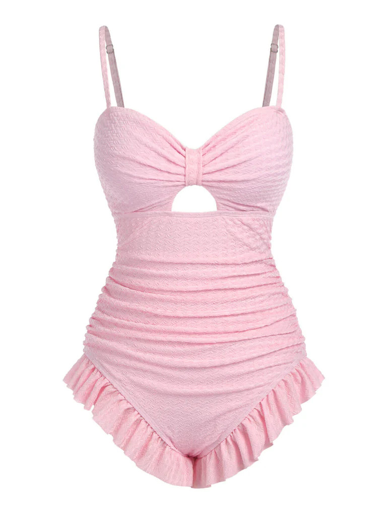 Pale Pink 1950s Solid Ruched Swimsuit | Retro Stage