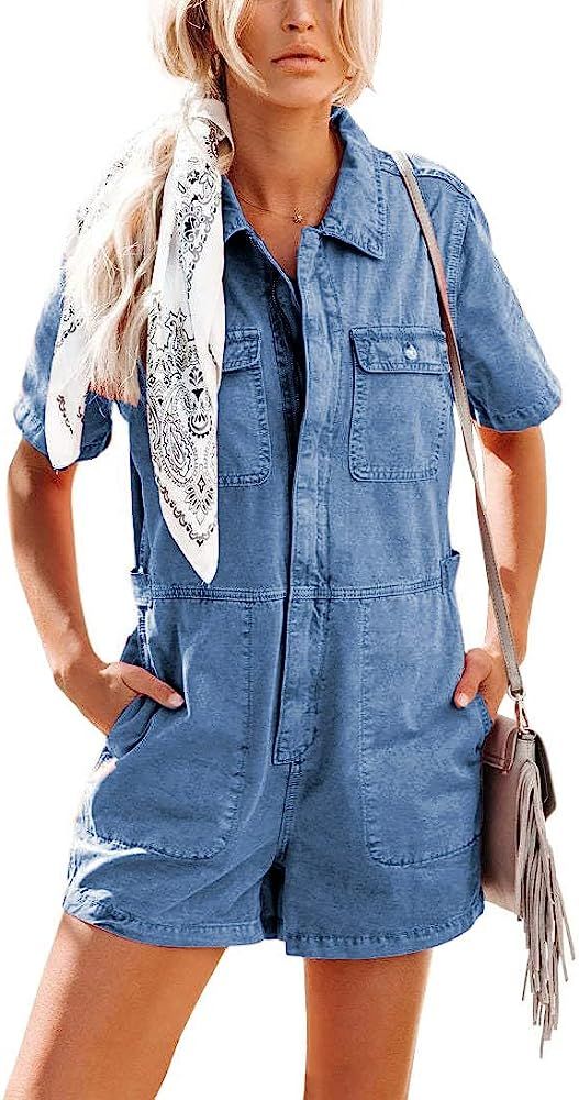 chouyatou Women's Vintage Distressed Short Sleeve Zip Up Denim Jean Utility Jumpsuit Romper Short... | Amazon (US)