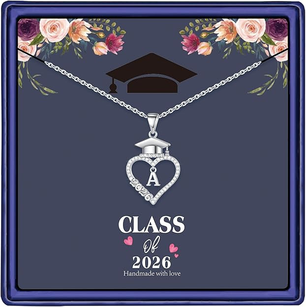 M MOOHAM Graduation Gift for Her 2026, 14K White Gold Plated CZ Graduation Cap Heart Pendant Init... | Amazon (US)
